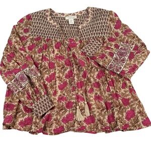 Rachel Zoe Smocked Tunic Top M Floral Boho Tassel V Neck Peasant Cottagecore